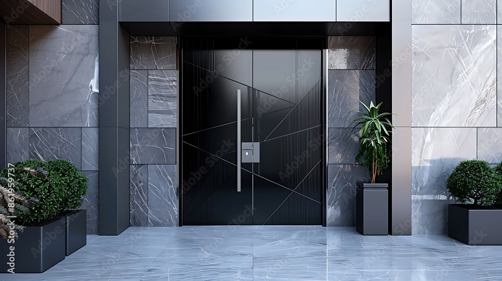 Wall mural glossy black door with a sleek design, framed by a modern metal entryway with angular lines and high