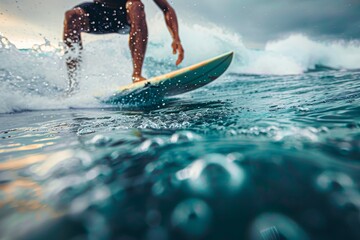 Surfer executing impressive aerial acrobatic maneuver above ocean wave in detailed close up view