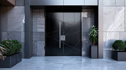 glossy black door with a sleek design, framed by a modern metal entryway with angular lines and high-tech security features