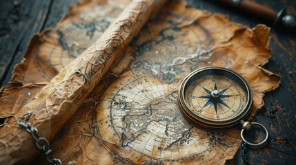 Compass on a map with a scroll and a pen, Travel concept