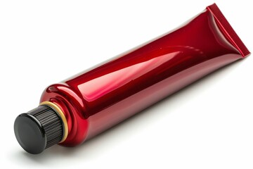 Vivid red oil paint tube isolated on white backdrop with clipping path for professional editing