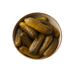 Bowl with delicious fermented cucumbers on white background