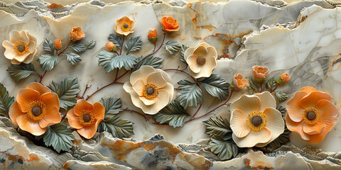 Fototapeta premium panel wall art, wall decoration, marble background with flowers designs