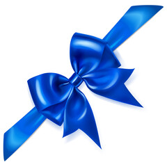 Beautiful large blue shiny bow with diagonal ribbon and soft shadow on white background. Vector illustration for design projects and creative works.