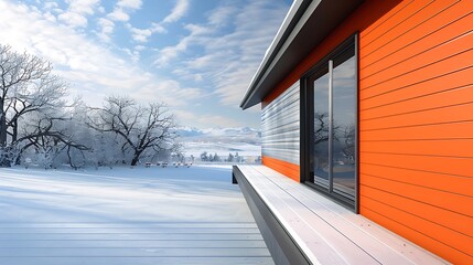 modern architectural design featuring vinyl siding in a bold orange, with a snowy landscape providing a stunning visual contrast