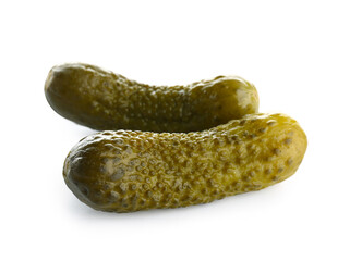 Pickled cucumbers on white background