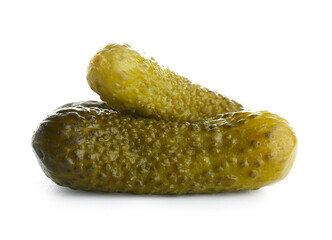 Tasty pickled cucumbers on white background