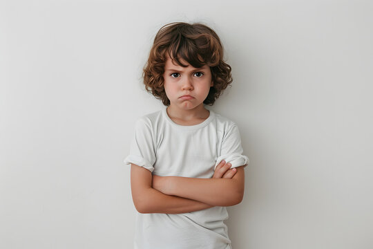 A child with crossed arms and a scowl standing.