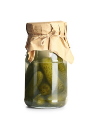 Jar with tasty pickled cucumbers on white background