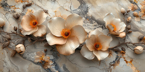 Fototapeta premium panel wall art, wall decoration, marble background with flowers designs