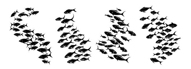 Fish schools black silhouettes vector set. Flock fins group underwater ocean sea gathering swim reservoir crowd together inhabitants, illustration isolated on white background