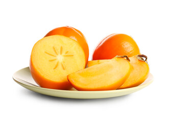Plate with sweet ripe persimmons on white background