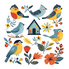 Obraz premium Garden birds cartoon vector set. Starlings wings feathers branches flowers buds berries birdhouse forest plants nature kids animals isolated on white background
