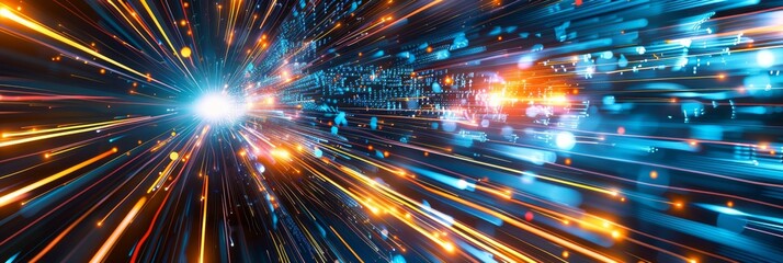 Dynamic explosion of blue and orange light streaks, creating futuristic scene with burst of energy and color