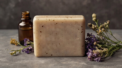 Artisanal soap bar mockup, set on a natural stone surface with dried flowers 