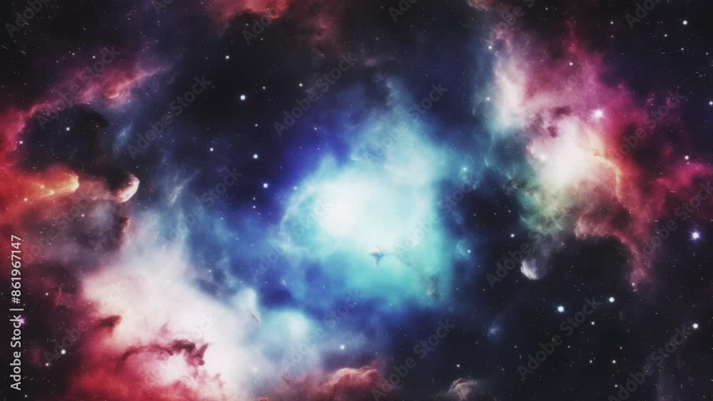 Poster space background with a nebula surrounded by stars and space dust.