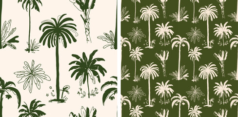 Palm Tree Tropical Green Seamless Vector Pattern Hand Drawn Illustration Botanical Boho © Levin