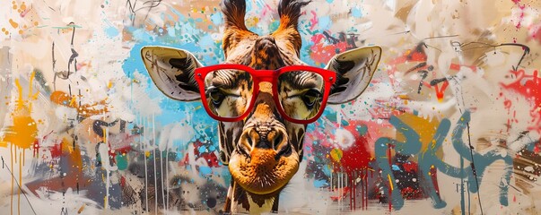 Giraffe with red glasses in colorful graffiti background, urban art. Humorous animal portrait concept