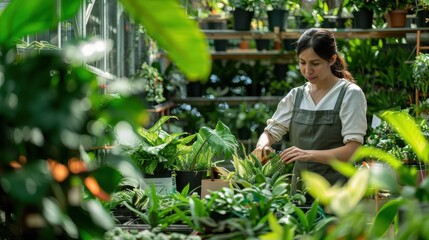 Woman tending to plants in a lush greenhouse surrounded by various types of greenery. Focused on her work, creating a serene gardening scene.