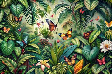 A vibrant painting of a tropical jungle teeming with lush foliage and colorful butterflies.