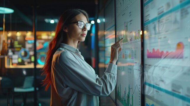 Businesswoman analyzing data on digital touchscreen in modern office, focused on business analytics and technology.