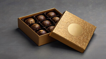 Premium chocolate box mockup, elegant rectangular box with a luxurious matte finish, gold foil logo and ribbon detail, high-resolution 3D render with realistic textures and shadows, top and side views