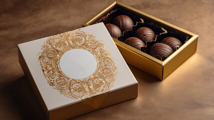 Premium chocolate box mockup, elegant rectangular box with a luxurious matte finish, gold foil logo and ribbon detail, high-resolution 3D render with realistic textures and shadows, top and side views