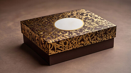 Premium chocolate box mockup, elegant rectangular box with a luxurious matte finish, gold foil logo and ribbon detail, high-resolution 3D render with realistic textures and shadows, top and side views