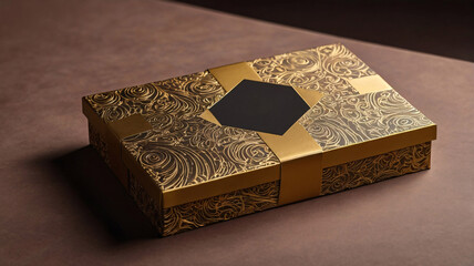 Fototapeta premium Premium chocolate box mockup, elegant rectangular box with a luxurious matte finish, gold foil logo and ribbon detail, high-resolution 3D render with realistic textures and shadows, top and side views