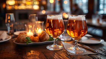 Two glasses of beer on a table in a restaurant, with a cozy ambiance and dim lighting.