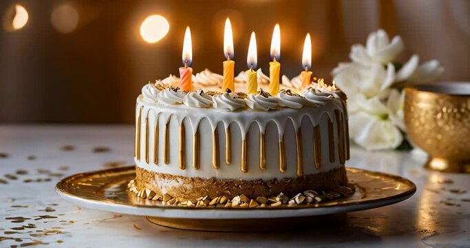 Celebration cake with lit candles on festive table in slow motion with golden bokeh background