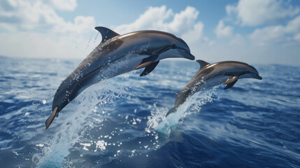 Fototapeta premium Aerial view of dolphins leaping out of the water, splashing, set against the backdrop of a deep blue ocean. 