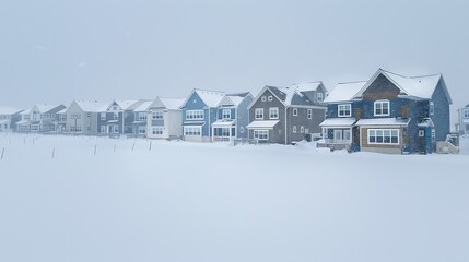 panoramic view of a new suburban development under a heavy snowfall, each home featuring dual-tone vinyl siding for a dynamic, eye-catching look