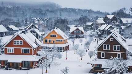 panoramic view of a snowy ski resort village, where each chalet is adorned with vinyl siding designed to mimic traditional Alpine styles