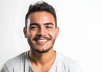 Obraz premium Happy Latino Man in Casual T-Shirt Smiling on White Background