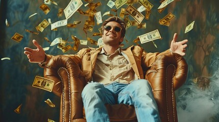 Lottery Jackpot Investment - Successful Young Man Investor Sitting Enjoying Success with Gold Money Cash Wealth Person Businessman Crypto Guy Relax Arhmchair Happy Millionaire Billionaire Proud
