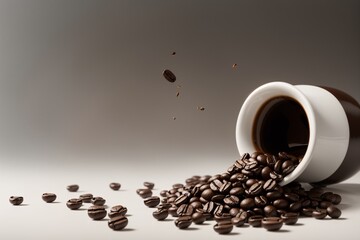 Coffee beans falling into espresso splash, white backdrop