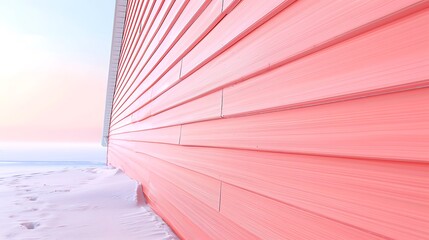 segment of vinyl siding in a light coral shade, with the crisp winter air highlighting its texture and frost resistance
