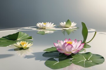 Pink and white water lilies bloom on a still pond, their large petals contrasting with the green lily pads