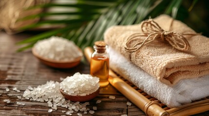Fototapeta premium Spa essentials with towels and bath salts