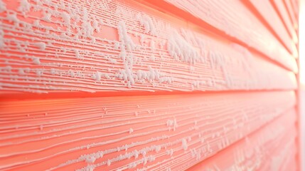 segment of vinyl siding in a light coral shade, with the crisp winter air highlighting its texture and frost resistance