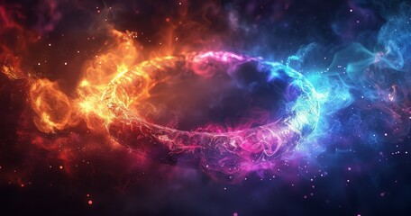 Obraz premium Neon Circle Glowing Above Colorful Clouds In Dark Sky