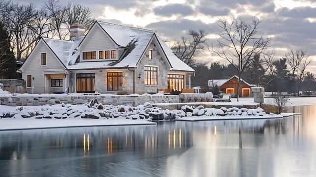 serene lakeside retreat featuring a blend of natural stone and vinyl siding, demonstrating how modern materials can complement traditional designs in a winter landscape