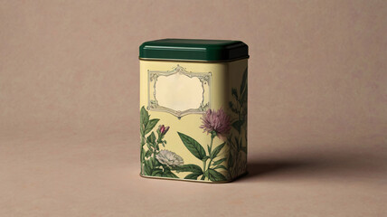 Vintage-style tea tin mockup, cylindrical tin with a retro label featuring botanical illustrations