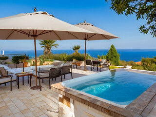Fototapeta premium Luxury Villa Terrace with Panoramic Ocean View, Cozy Fireplace, and Comfortable Patio Furniture at Golden Hour