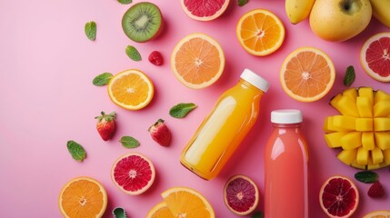 Fresh fruit juices and sliced fruits on pink background
