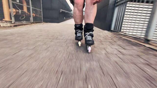 Man rollerblading, extreme sport background, urban skating, free skate in the city, going fast, jumping, 4k