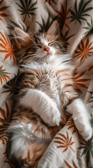 Obraz premium Adorable Kitten Lounging on Cannabis Leaf Patterned Blanket, Cozy Cat Relaxing, Feline Comfort in Cannabis Themed Bedding, Kitten Blissfully Resting, Luxurious High with Feline Friend