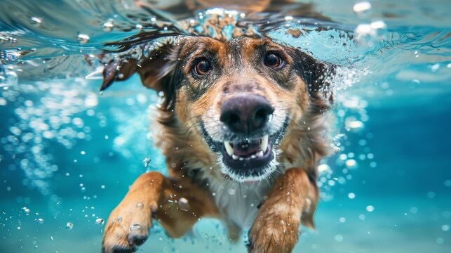 Underwater view of a happy dog swimming in a pool, playful concept