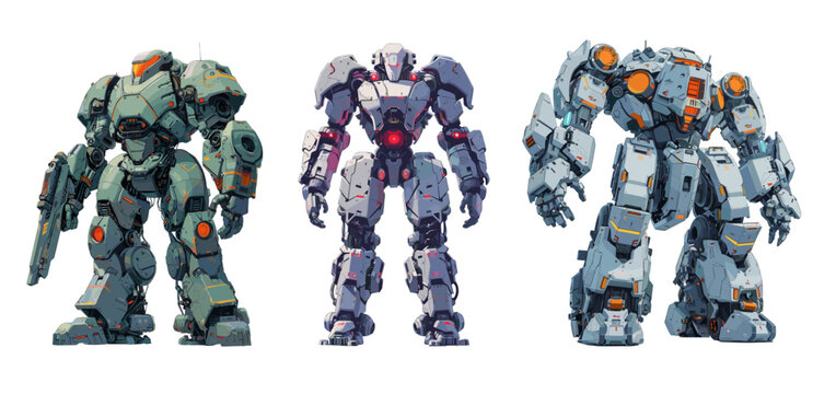 Mechanical robot cartoon vector illustration. Defender steel armor halo blaster cyborg suit exoskeleton future cyber character soldier, isolated concepts on white background